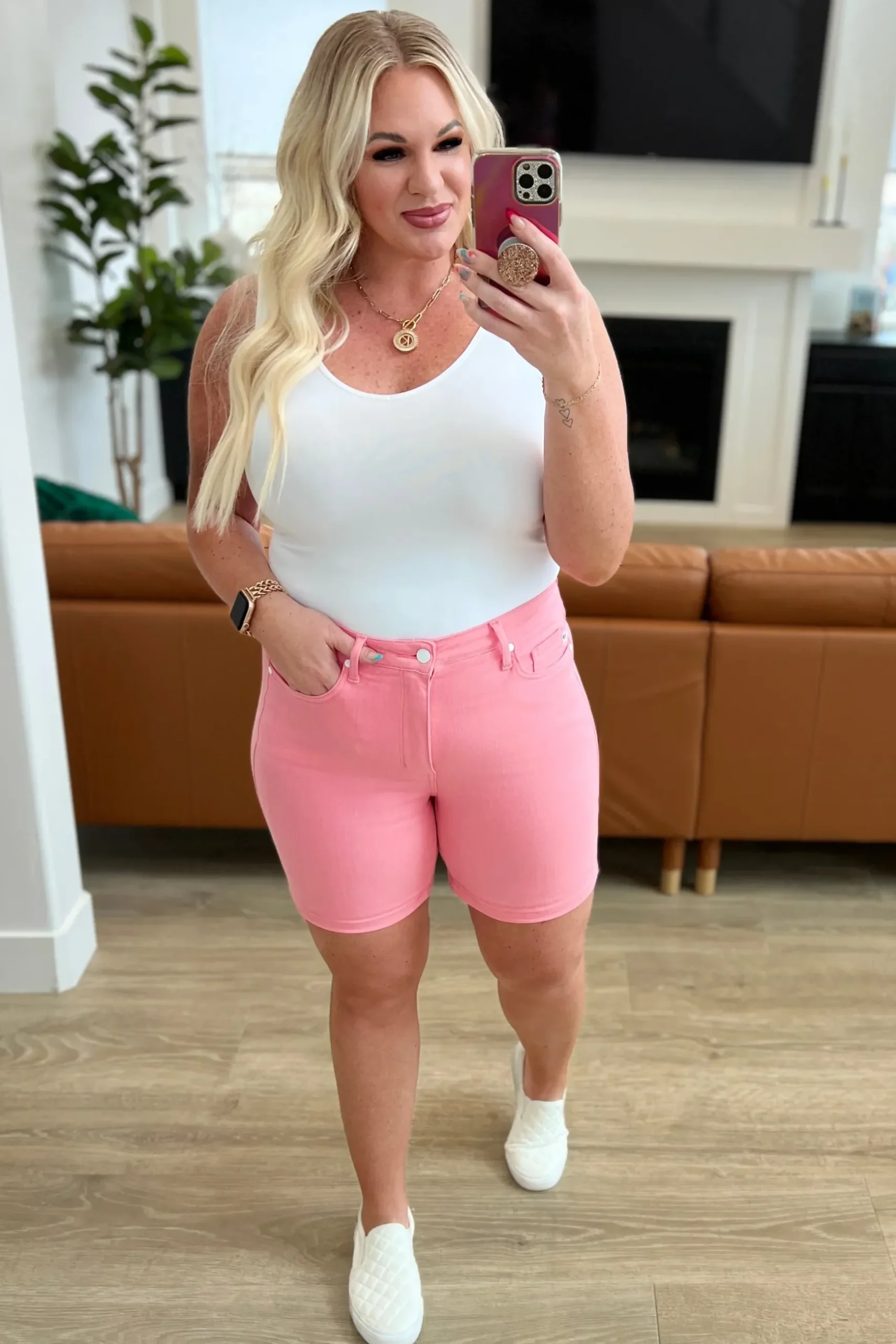 Jenna High Rise Control Top Cuffed Shorts by Judy Blue in Pink