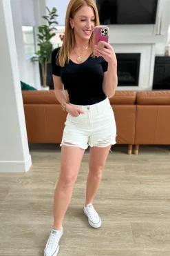 Jessie High Rise Rigid Magic Cutoff Shorts in White by Judy Blue