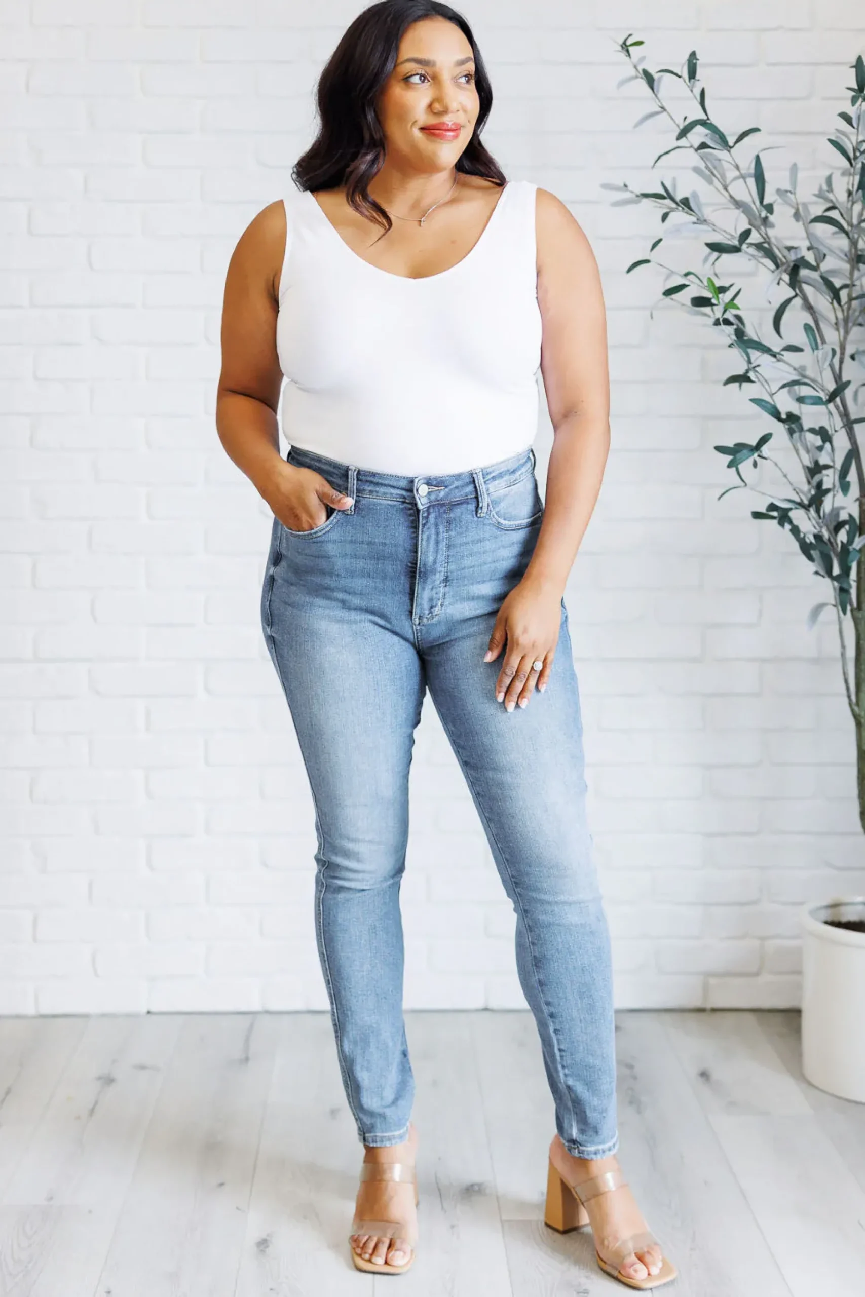 Justine High Rise Control Top Contrast Wash Skinny Jeans