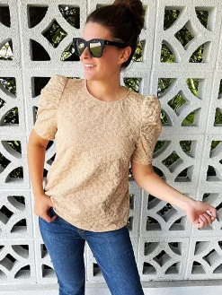 Kelsi Jacquard Puff Sleeve Top In Tan