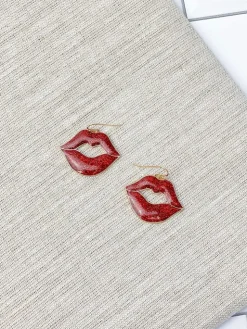 Kisses Enamel Dangle Earrings - Red Glitter