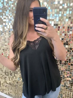 Lace V-Neck Flowy Tank Top by POL - Black