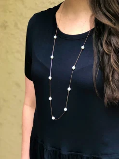 Lara Long Pearl Station Necklace - Rose Gold