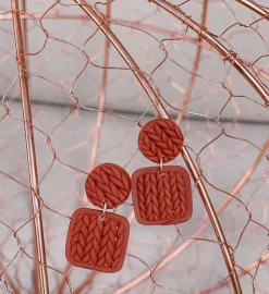 Layered Knit Clay Dangle Earrings - Red