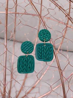 Layered Knit Clay Dangle Earrings - Green