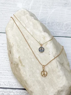 Layered Peace Sign Chain Necklace - Jet