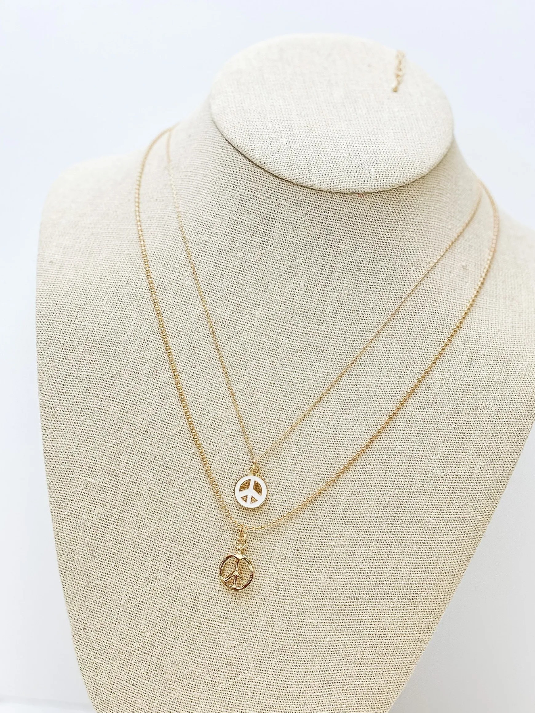 Layered Peace Sign Chain Necklace - White