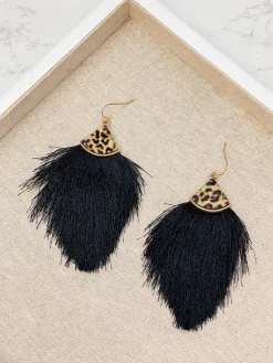 Leather Tassel Leopard Detail Earrings - Jet