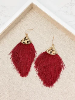 Leather Tassel Leopard Detail Earrings - burgundy