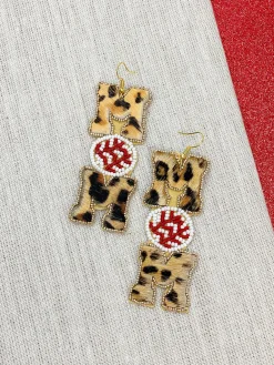 Leopard 'Mom' Baseball Beaded Dangle Earrings