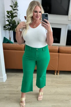 Lisa High Rise Control Top Wide Leg Crop Jeans by Judy Blue - Kelly Green