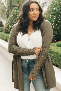 Little Bit Of Lace Cardigan In Olive
