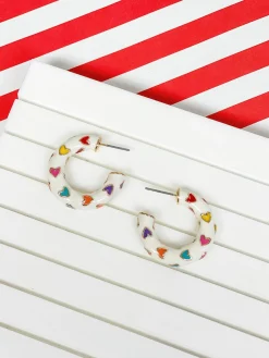 Little Heart-Patterned Enamel Hoop Earrings - White