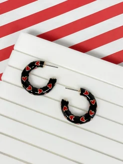 Little Heart-Patterned Enamel Hoop Earrings - Black