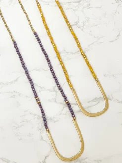 Long Beaded U Shape Pendant Necklace - Purple