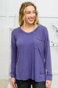 Long Sleeve Knit Top With Pocket In Denim Blue