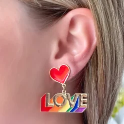 'LOVE' Enamel Heart Post Dangle Earrings