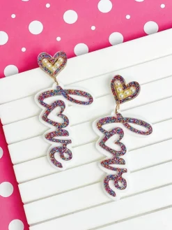 'Love' Pearl & Glitter Dangle Earrings - Pink