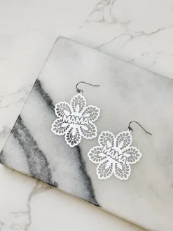 'Mama' Filigree Flower Dangle Earrings - Silver