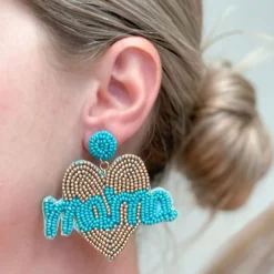 Mama Heart Beaded Dangle Earrings - Turquoise