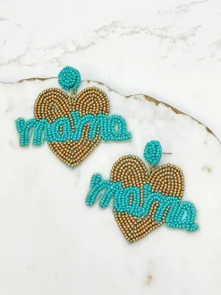 Mama Heart Beaded Dangle Earrings - Turquoise