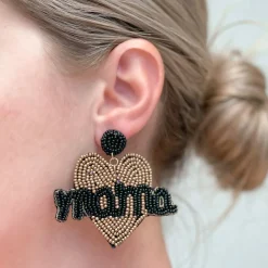 Mama Heart Beaded Dangle Earrings - Jet