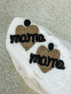 Mama Heart Beaded Dangle Earrings - Jet