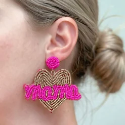 Mama Heart Beaded Dangle Earrings - Pink