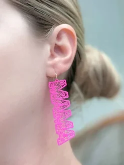 'Mama' Hot Pink Filigree Cutout Dangle Earrings