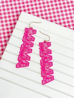 'Mama' Hot Pink Filigree Cutout Dangle Earrings