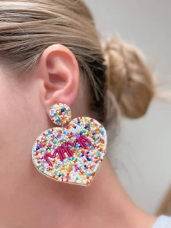 'Mama' Multi Seed Bead Heart Dangle Earrings
