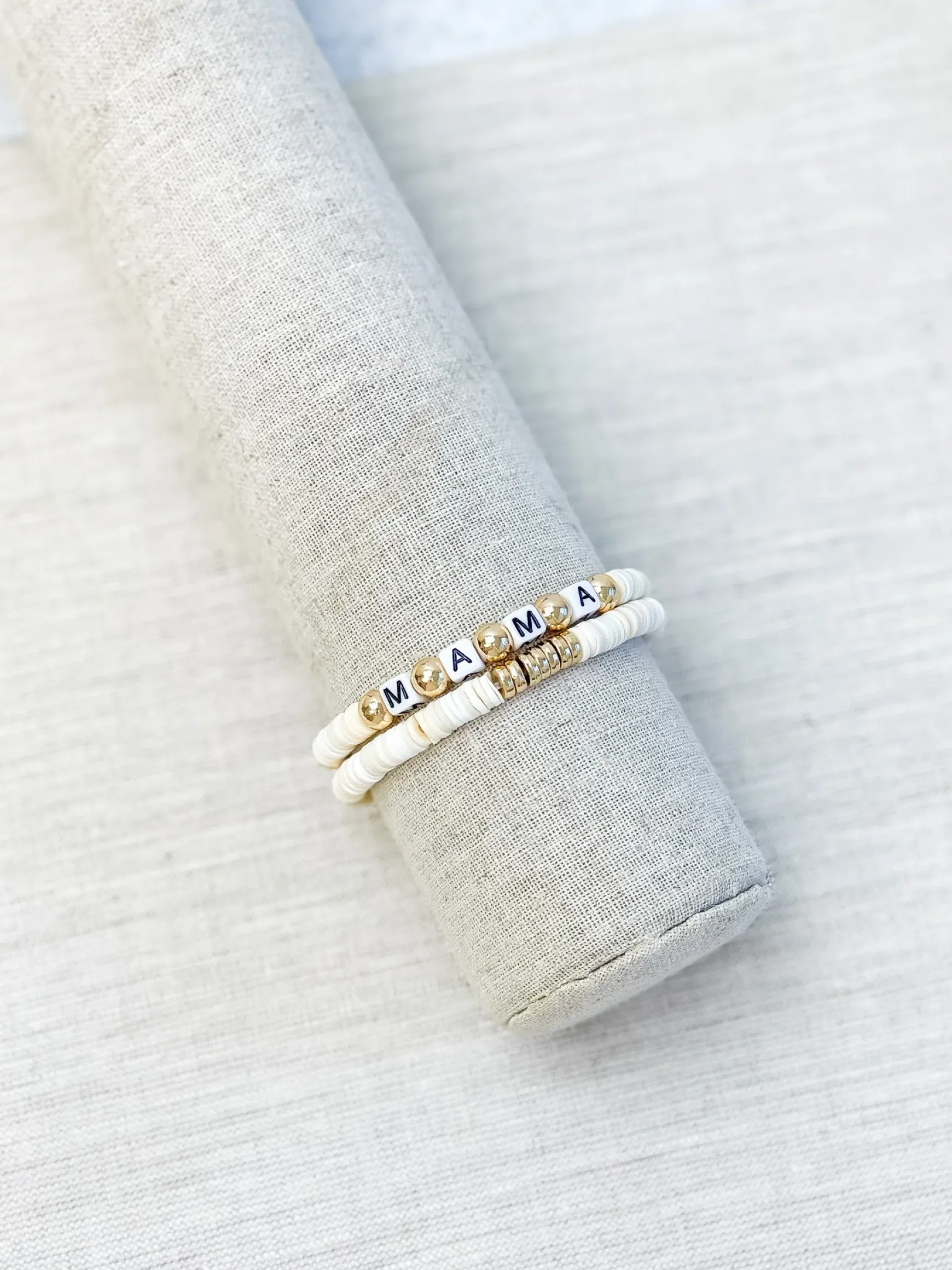 'Mama' Stretch Bracelet Set - White & Gold
