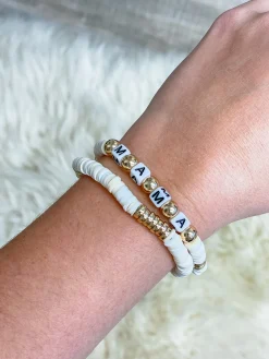 'Mama' Stretch Bracelet Set - White & Gold