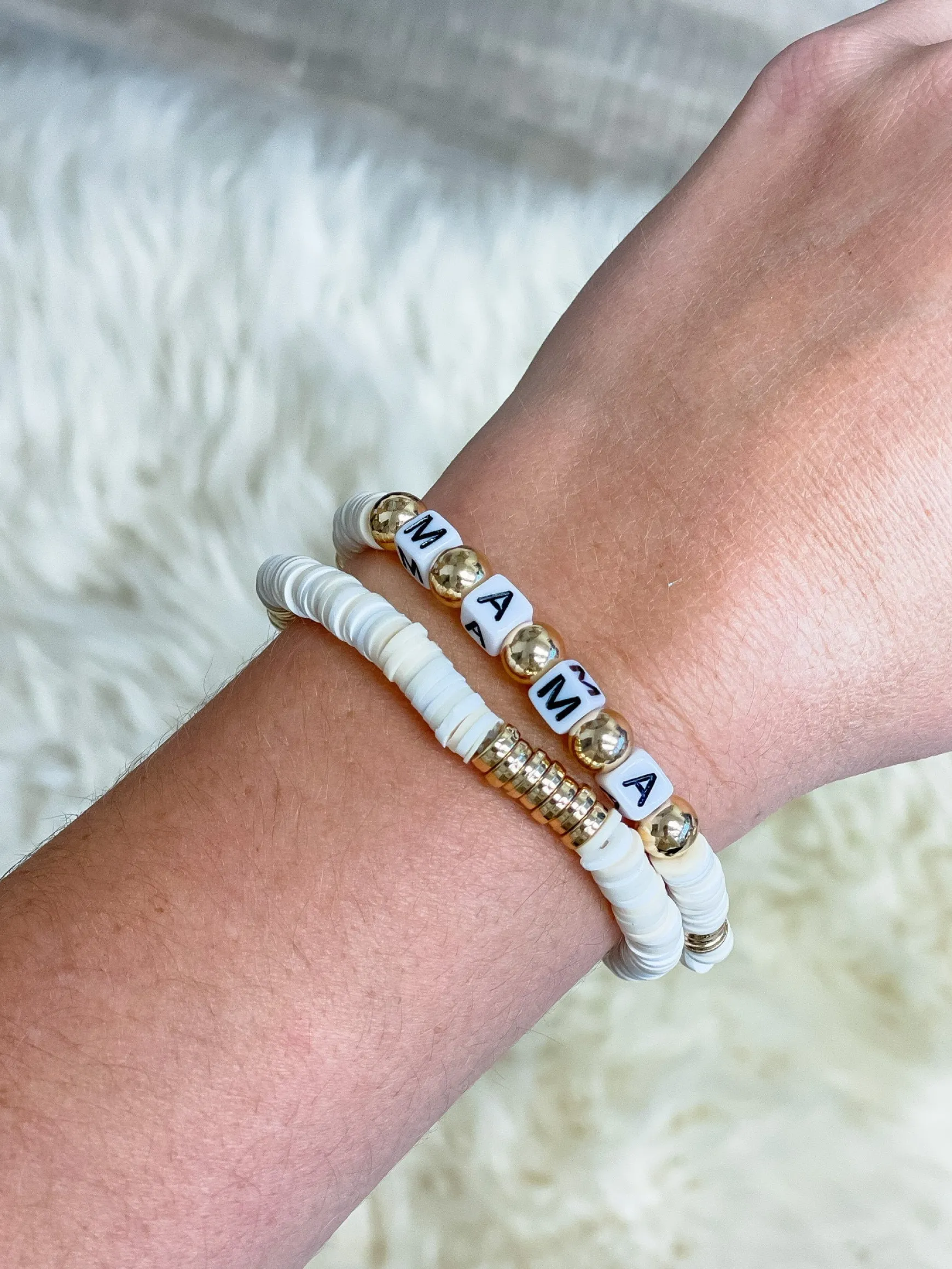 'Mama' Stretch Bracelet Set - White & Gold