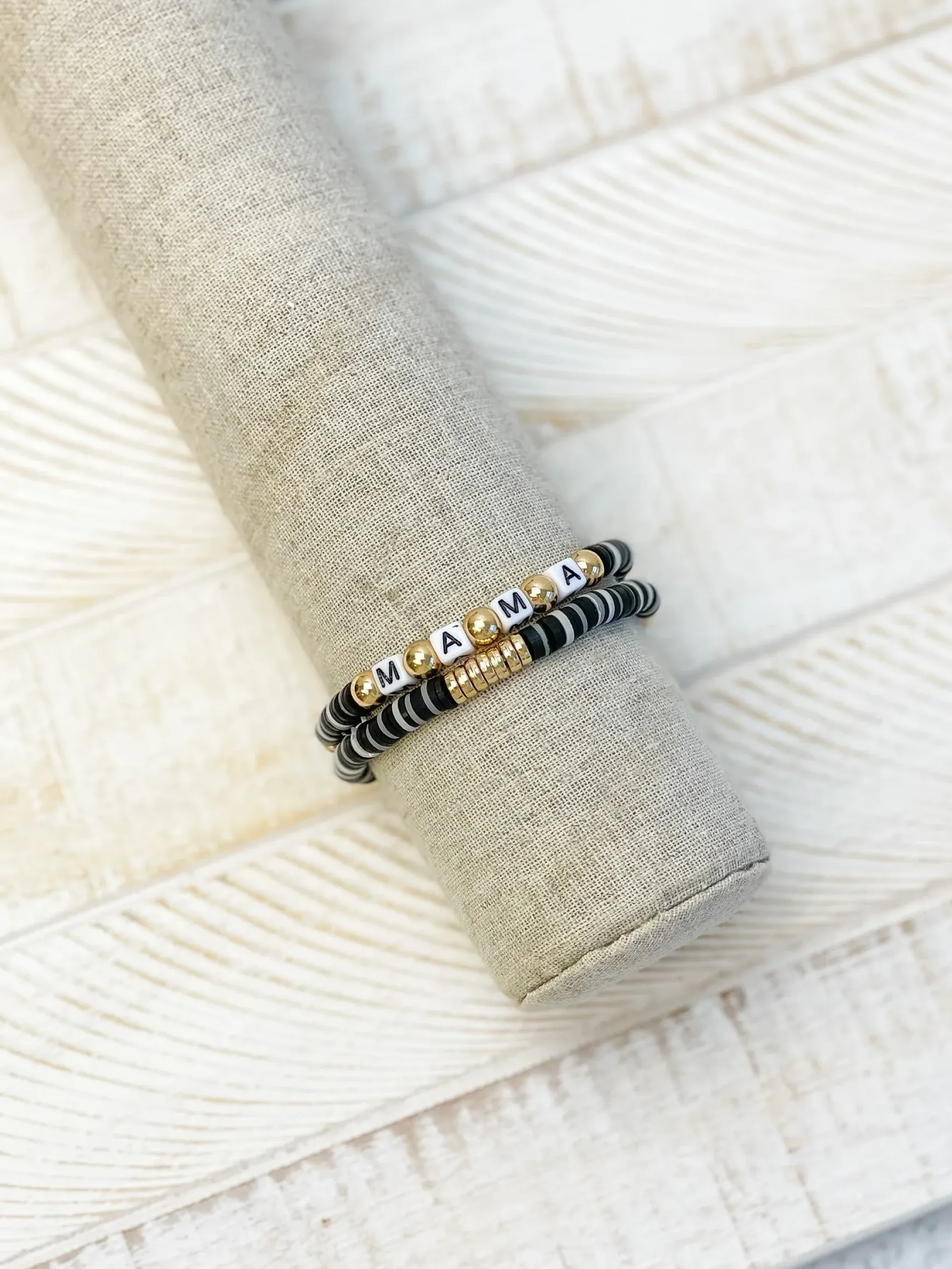 'Mama' Stretch Bracelet Set - Jet & Gold