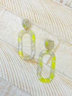 Marbled Acrylic Neon Oval Dangle Earrings - Yellow