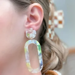 Marbled Acrylic Neon Oval Dangle Earrings - Yellow