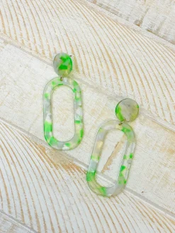 Marbled Acrylic Neon Oval Dangle Earrings - Green