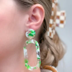 Marbled Acrylic Neon Oval Dangle Earrings - Green