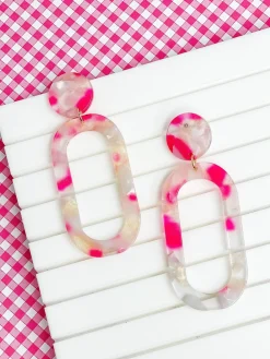 Marbled Acrylic Neon Oval Dangle Earrings - Pink