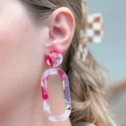 Marbled Acrylic Neon Oval Dangle Earrings - Pink