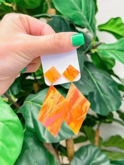 Marbled Angular Geometric Dangle Earrings - Orange