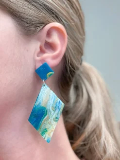 Marbled Angular Geometric Dangle Earrings - Blue