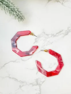Marbled Geometric Hoop Earrings - Red
