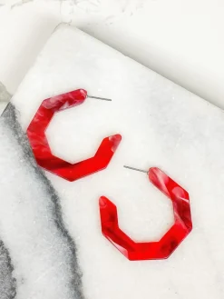 Marbled Geometric Hoop Earrings - Red