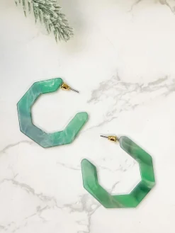 Marbled Geometric Hoop Earrings - Green