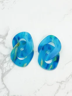 Marbled Linked Statement Dangle Earrings - Blue