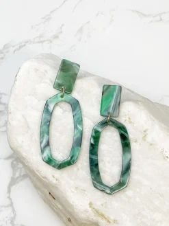 Marbled Oval Dangle Earrings - Green