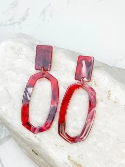 Marbled Oval Dangle Earrings - Red