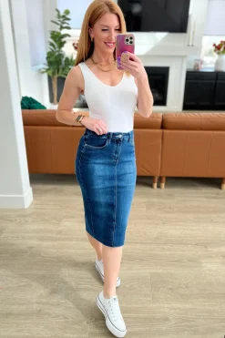 Marcy High Rise Denim Midi Skirt by Judy Blue